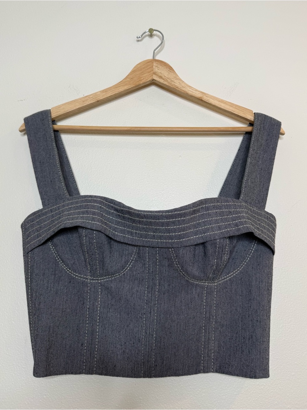 Coolrated Miami Structured Bustier Linen Blend Denim Crop Top Thick Strap Tank - Picture 1 of 8